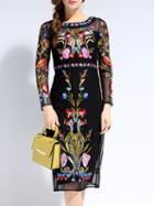 Romwe Black Long Sleeve Backless Contrast Gauze Embroidered Dress