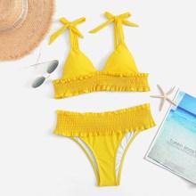 Romwe Shirred Hem Self Tie Bikini Set