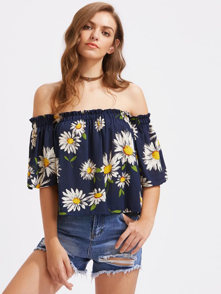 Romwe Off Shoulder Floral Print Random Top