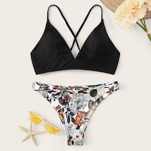 Romwe Random Floral Braided Strap Crisscross Bikini Set