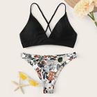 Romwe Random Floral Braided Strap Crisscross Bikini Set