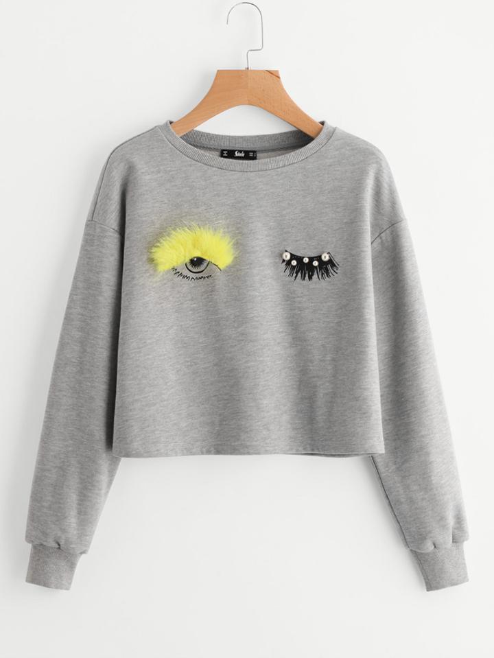 Romwe Faux Fur And Beading Wink Eye Drop Shoulder Sweatshirt