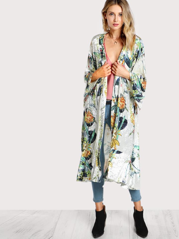 Romwe Botanical Print Self Belted Velvet Coat