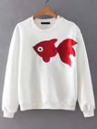 Romwe White Fish Embroidered Zipper Embellished Sweatshirt