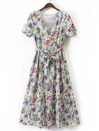 Romwe Surplice Front Floral Print Dress With Self Tie