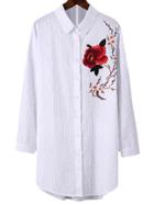 Romwe White Long Sleeve Flower Embroidery Lapel Blouse