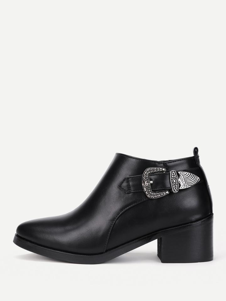 Romwe Buckle Side Block Heeled Pu Ankle Boots