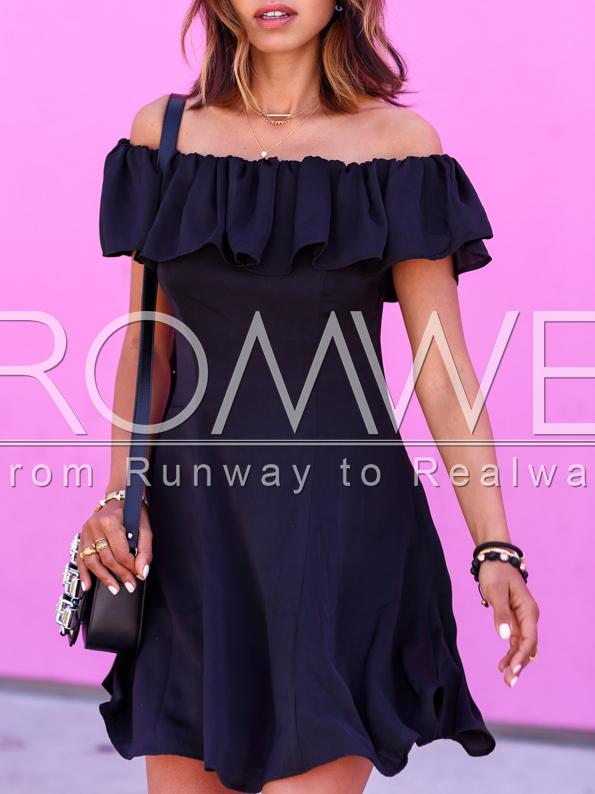 Romwe Navy Off The Shoulder Ruffle Dress