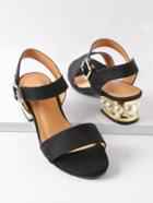 Romwe Black Faux Pearl Tow Part Heeled Sandals