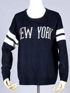 Romwe Round Neck Letter Print Loose Navy Sweater