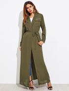 Romwe Embroidered Tape Embellished Flap Pocket Wrap Coat