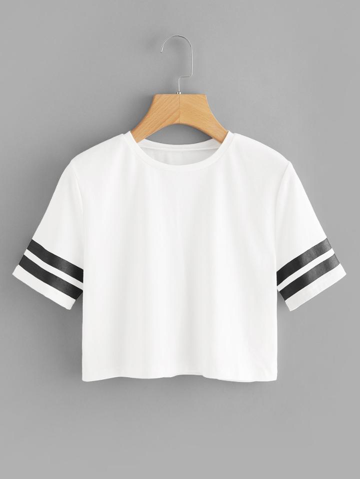 Romwe Varsity-striped Crop Tee