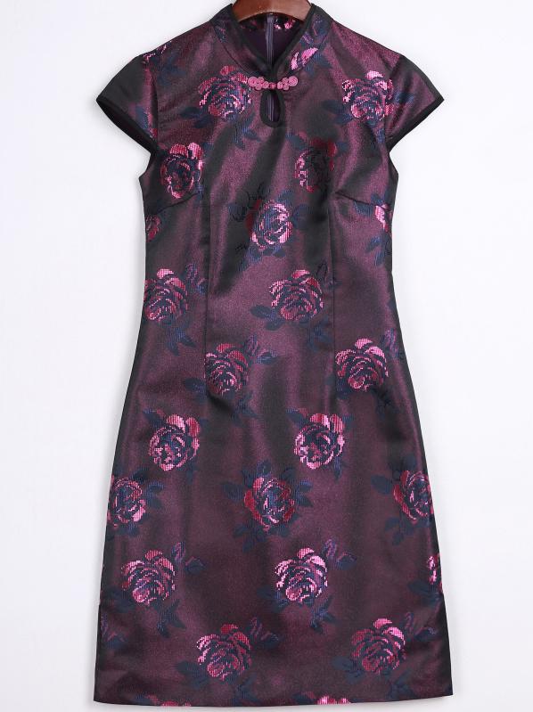Romwe Purple Collar Cap Sleeve Jacquard Sheath Dress
