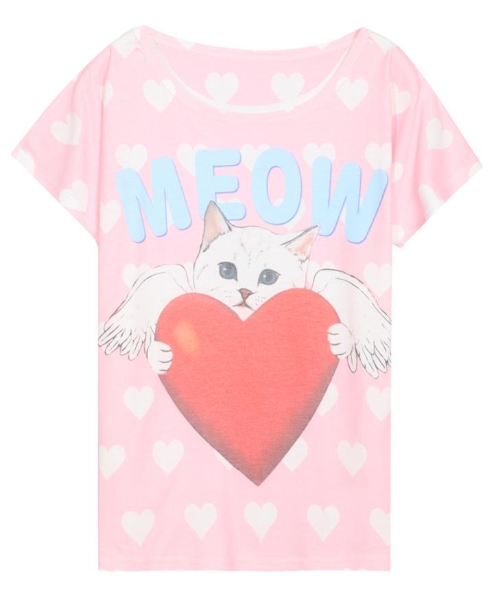 Romwe Heart Cat Print T-shirt