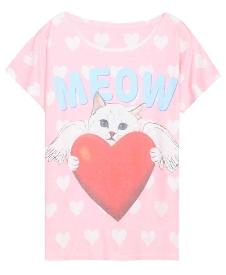 Romwe Heart Cat Print T-shirt