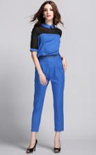 Romwe Blue Contrast Black Mesh Yoke Top With Zip Pant