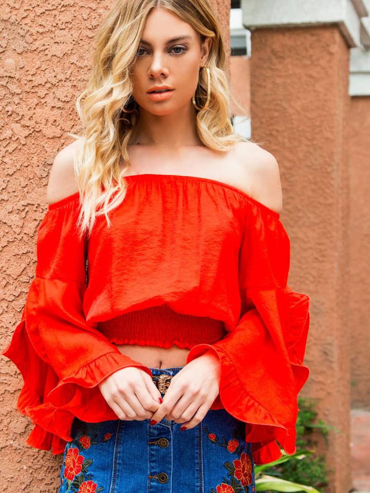 Romwe Split Trumpet Sleeve Shirred Hem Crop Bardot Top