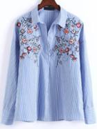Romwe Blue Vertical Striped Floral Embroidery Blouse