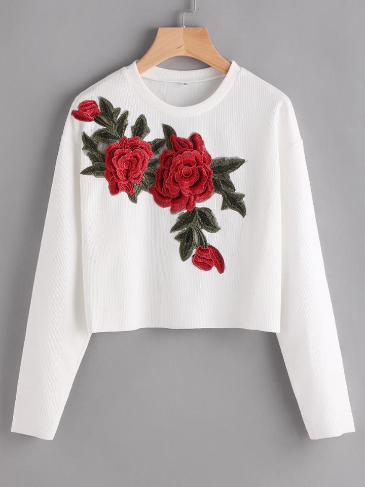 Romwe Rose Appliques Ribbed Crop Sweatshirt