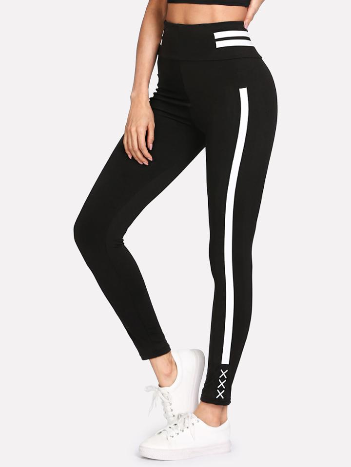 Romwe Contrast Striped Waist Leggings
