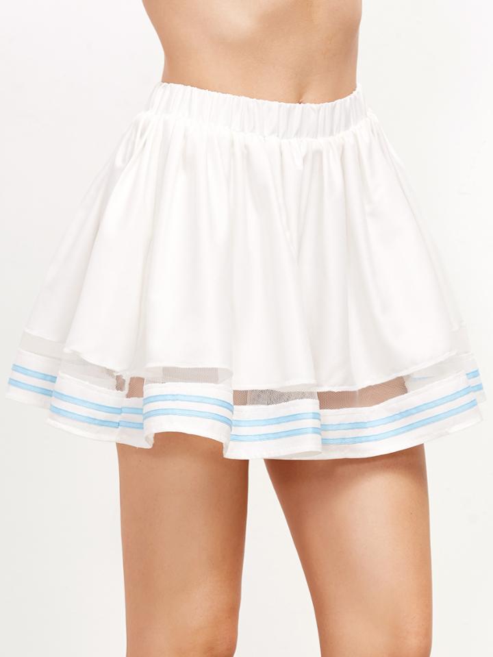 Romwe White Striped Trim Contrast Mesh Skort