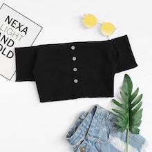 Romwe Off Shoulder Single Breasted Crop Tee