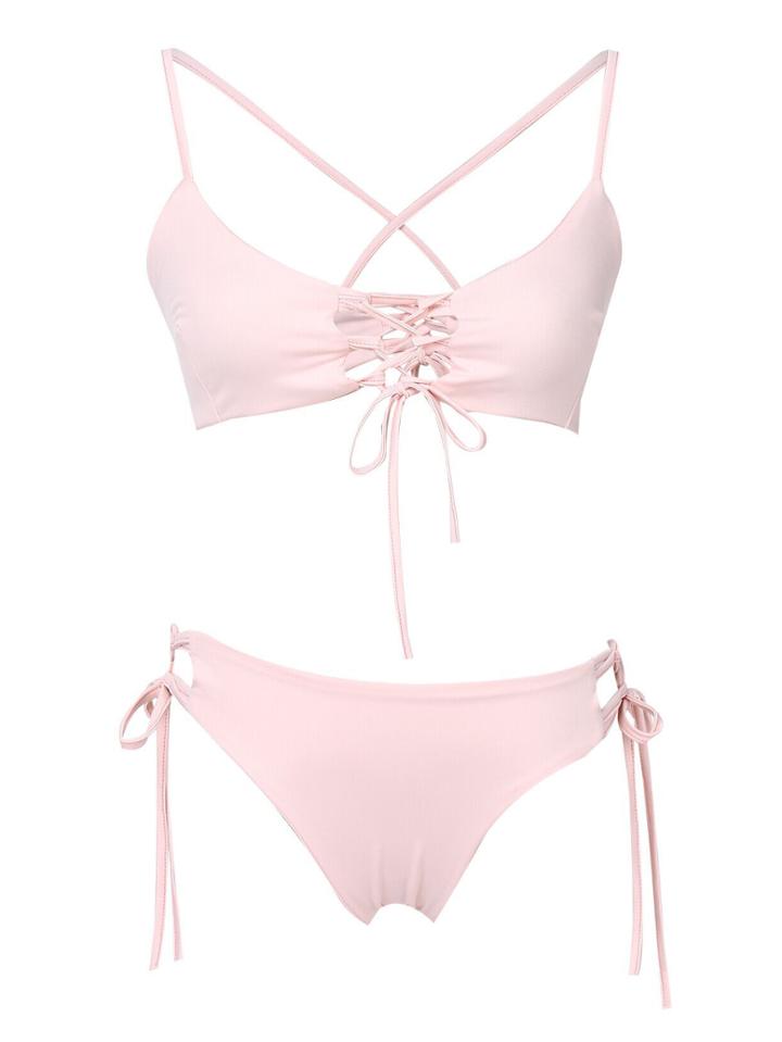 Romwe Pink Lace Up Crisscross Bikini Set