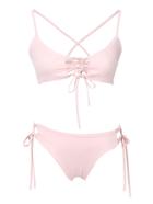 Romwe Pink Lace Up Crisscross Bikini Set