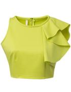 Romwe Neon Green Sleeveless Ruffle Crop Top