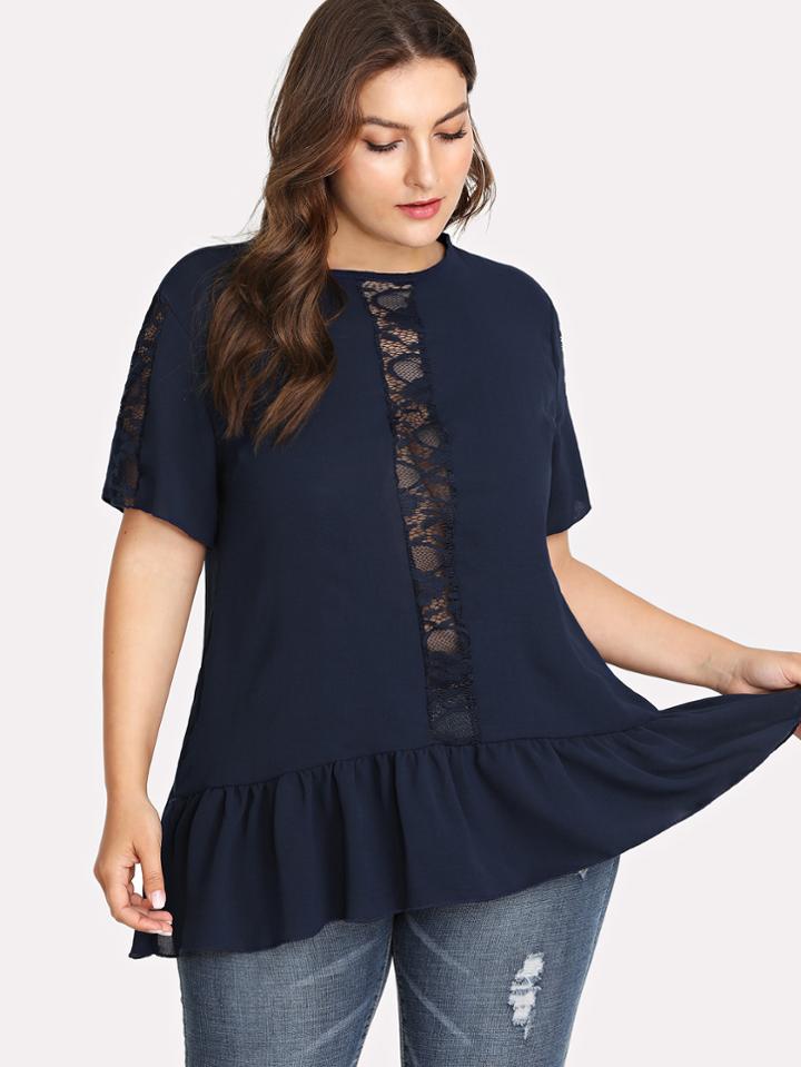 Romwe Contrast Lace Panel Ruffle Hem Tee