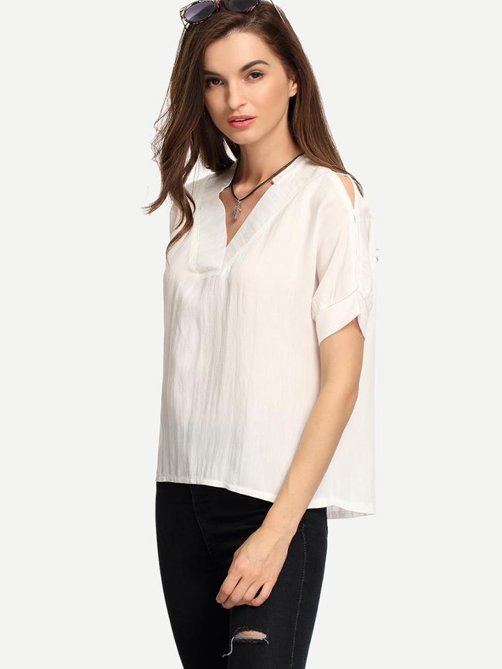 Romwe White V-neck Slit Sleeve Blouse