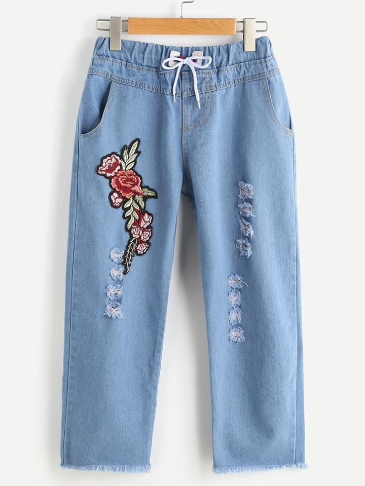 Romwe Ripped Applique Beaded Drawstring Raw Hem Denim Pants