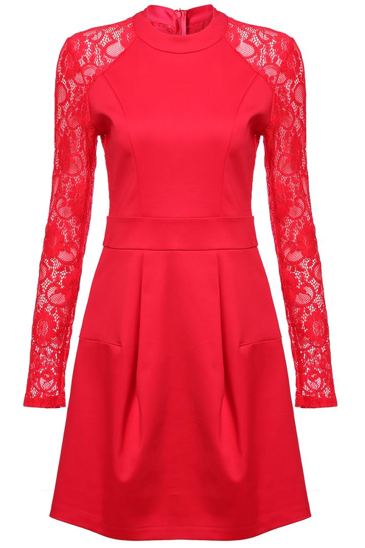 Romwe Lace Long Sleeve Slim Red Dress
