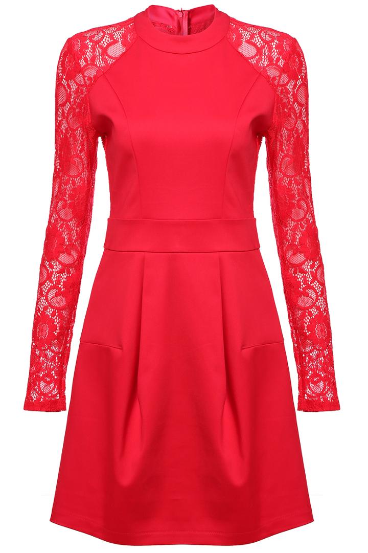 Romwe Lace Long Sleeve Slim Red Dress