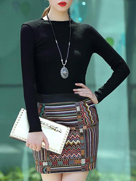 Romwe Black Round Neck Long Sleeve Knit Print Dress