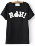 Romwe Rabbit Embroidered Black T-shirt