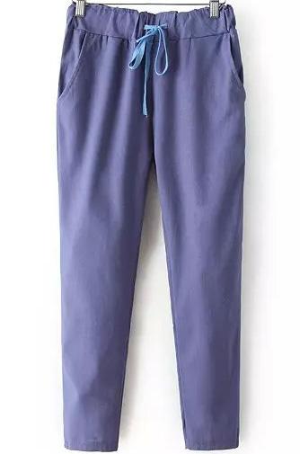 Romwe Elastic Waist Drawstring With Pocket Purple Pant