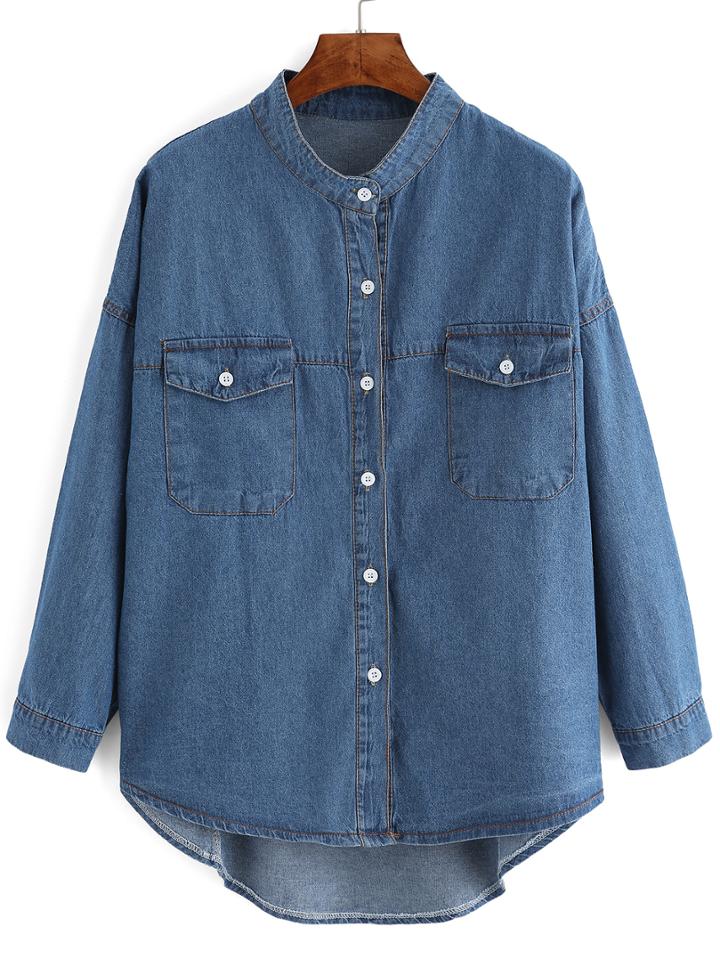 Romwe High Low Denim Blouse With Pockets