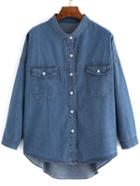 Romwe High Low Denim Blouse With Pockets