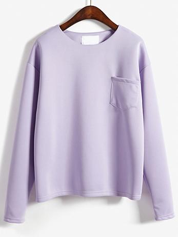 Romwe Long Sleeve Pocket Pale Purple T-shirt