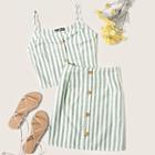 Romwe Button Up Vertical Striped Cami Top & Skirt Set