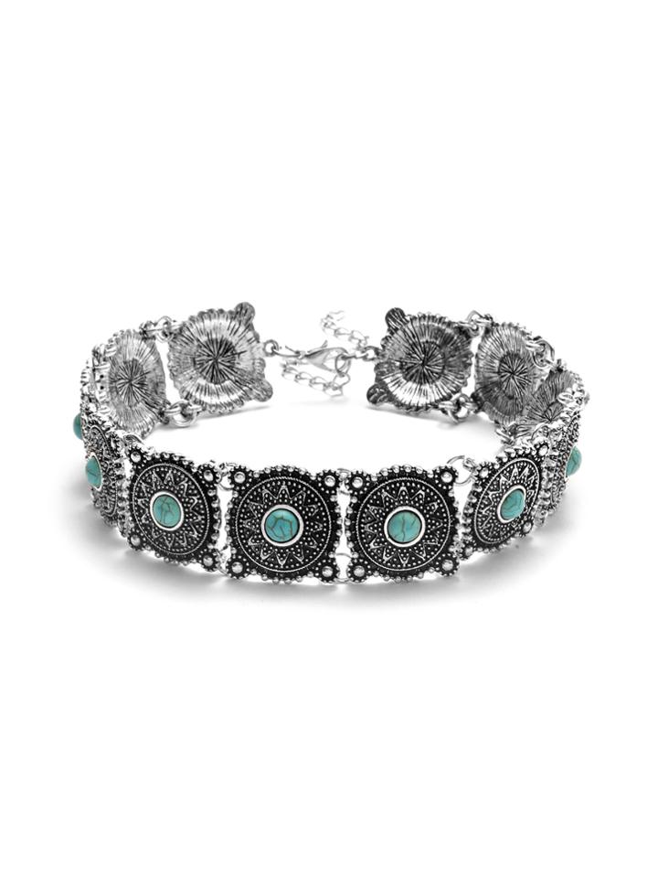 Romwe Antique Silver Turquoise Geometric Choker Necklace