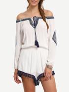 Romwe White Off The Shoulder Fringe Hem Jumpsuit