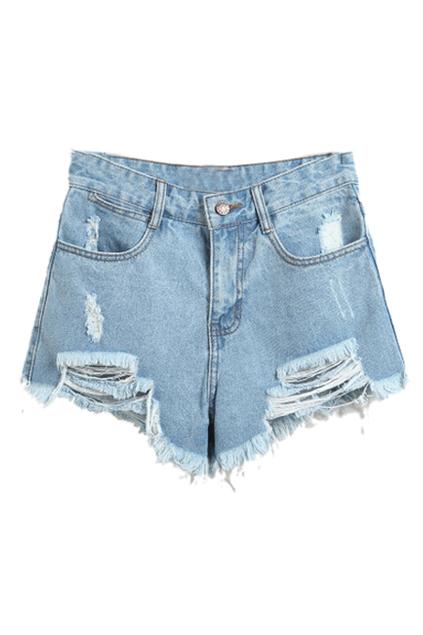 Romwe Distressed High-waisted Denim Shorts
