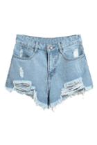 Romwe Distressed High-waisted Denim Shorts