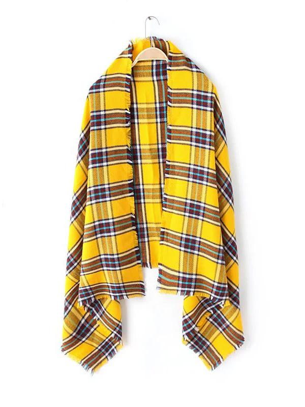 Romwe Yellow Plaid Frayed Trim Scarf