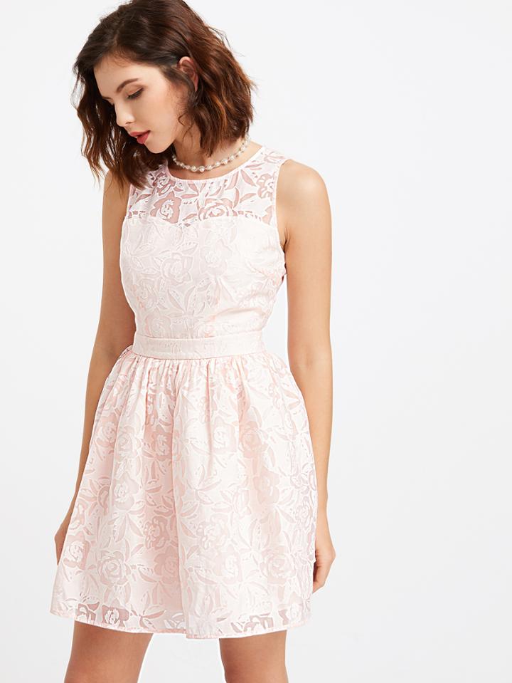 Romwe Pink Flower Print Semi Sheer Sweetheart Neck Sleeveless Dress