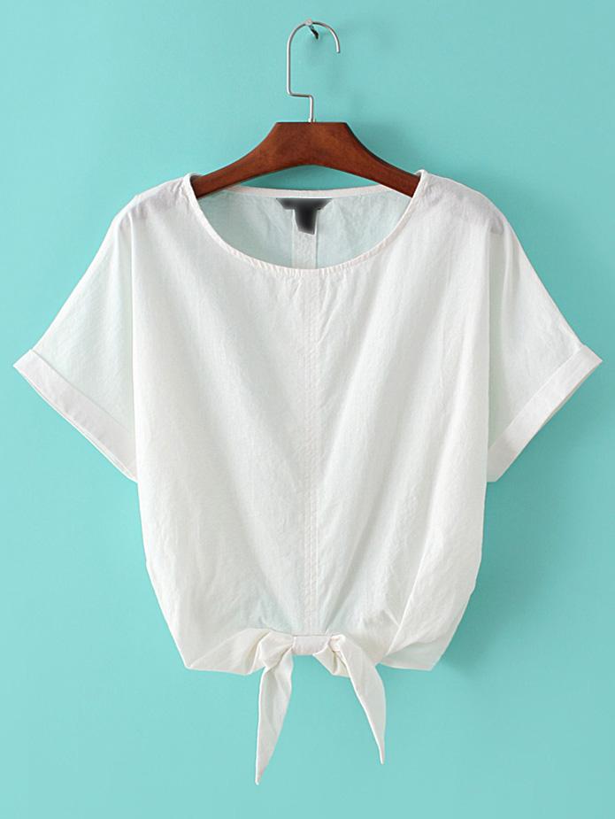 Romwe White Roll-up Cuff Elastic Bow Waist Crop Blouse