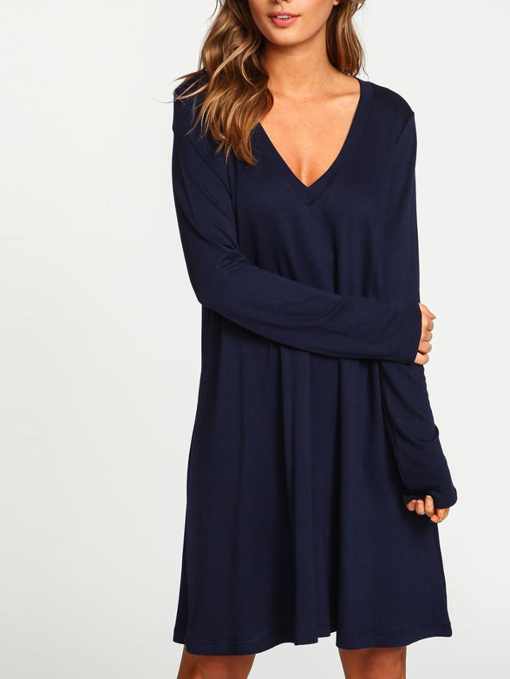 Romwe Navy V Neck Tshrit Dress In Jersey