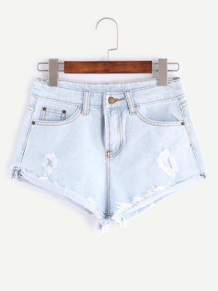 Romwe Pale Blue Frayed Cuffed Denim Shorts